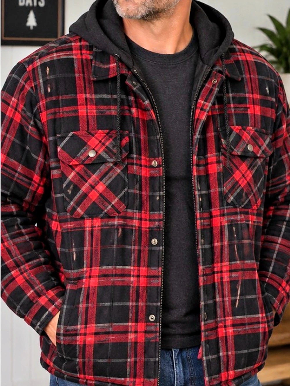 27” ptp Men's Plaid Shirt Jacket in Red & Black Like New